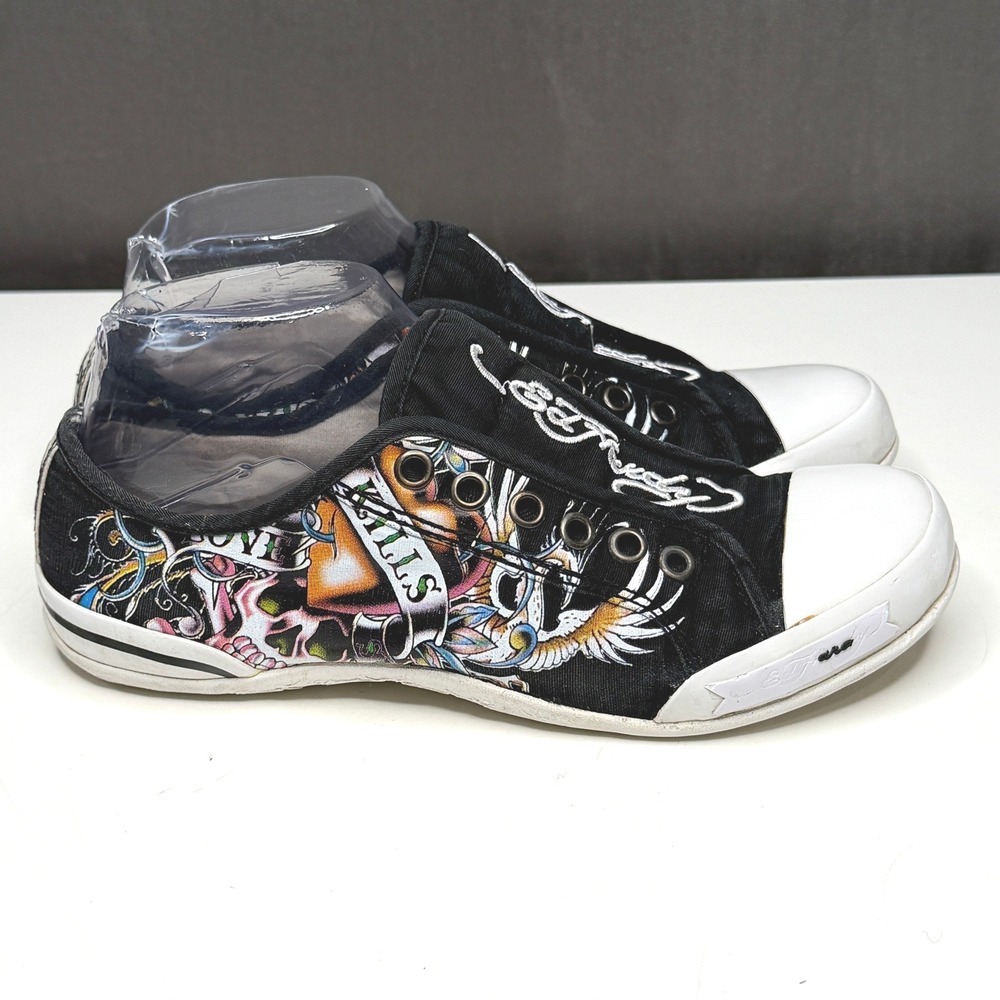 Vtg Ed Hardy Slip On Low Top Sneakers Womens 6 Black Canvas Tattoo Graphic Y2K